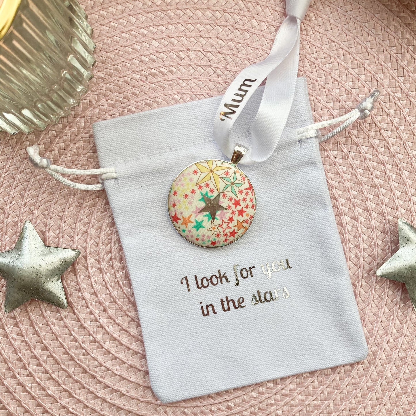I look for you in the stars christmas memory keepsake with star fabric and personalised ribbon