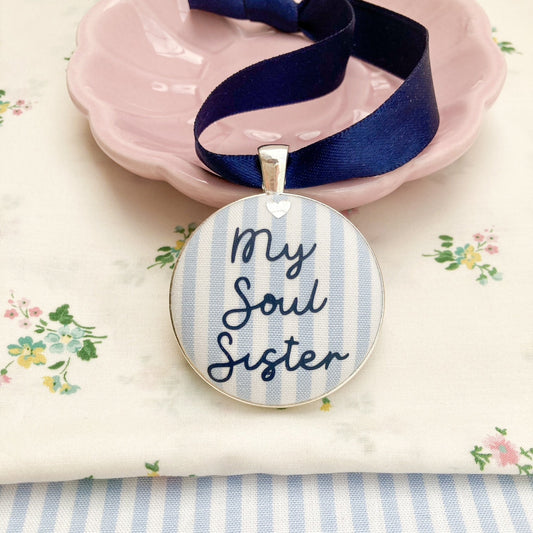My Soul Sister Thoughtful Keepsake made with striped blue fabric and a blue ribbon