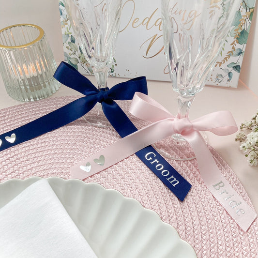 Personalised Bride and Groom glass ribbons for wedding breakfast