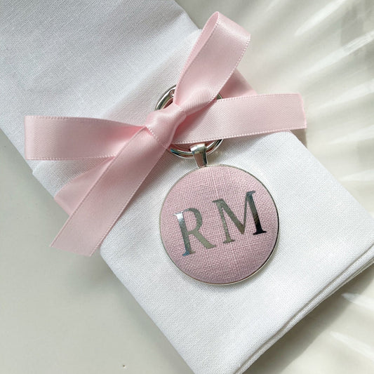 Personalised wedding breakfast place setting and favour keyring in pink