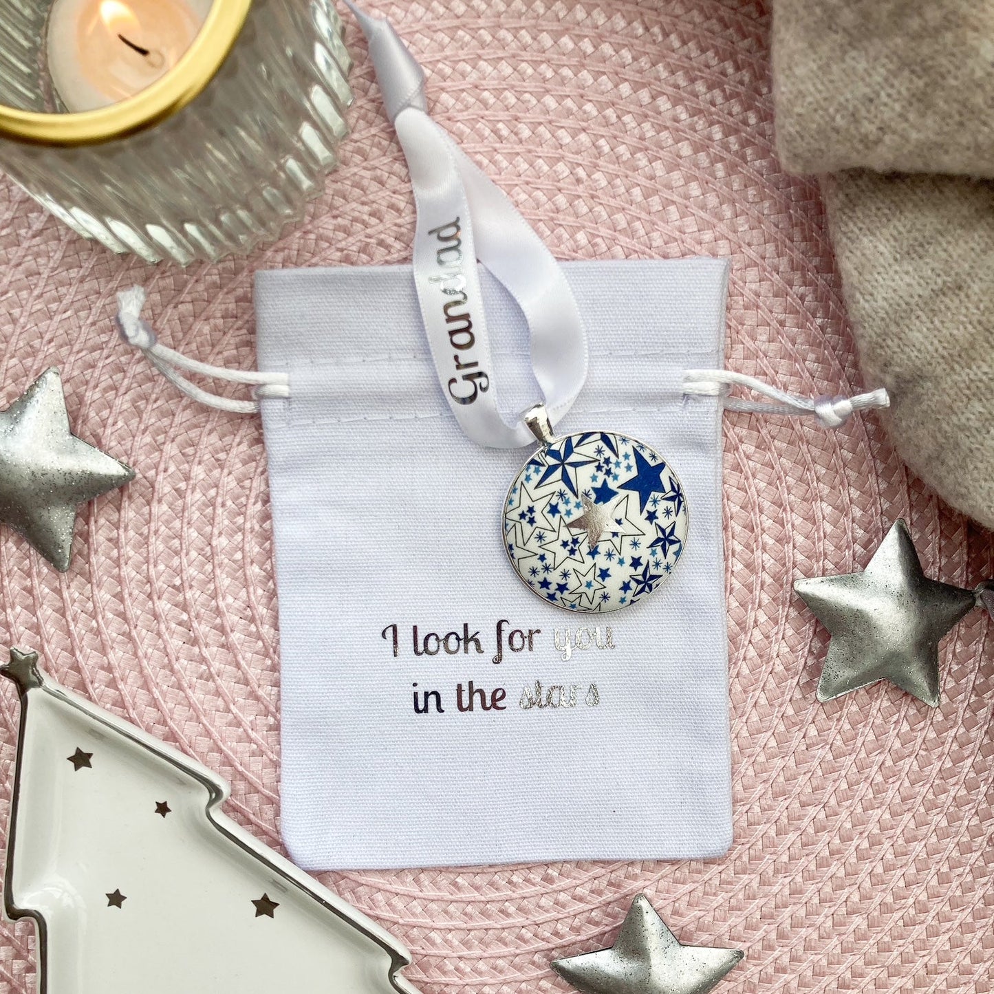 I look for you in the stars Memory keepsake made with blue star ribbon and thread on a ribbon with a gift pouch