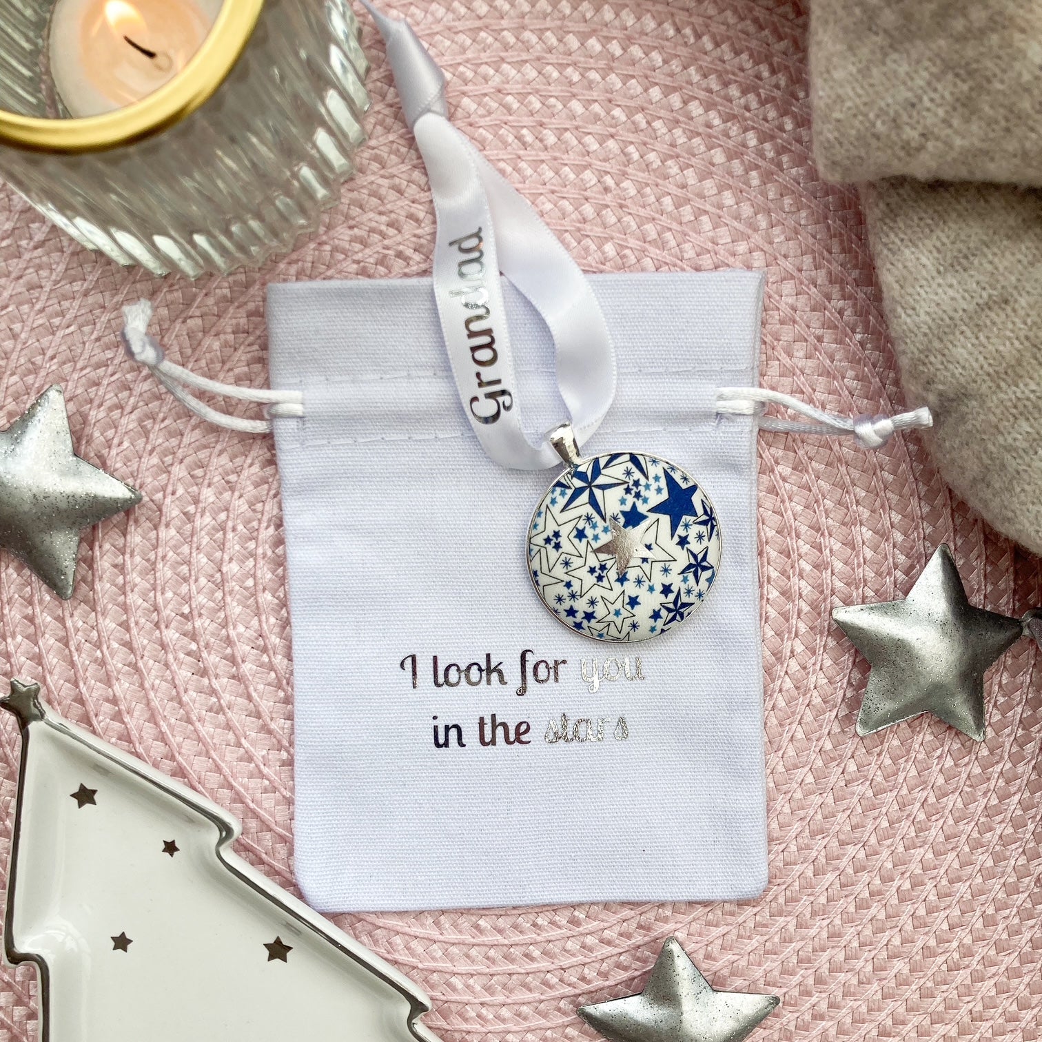 I look for you in the stars Memory keepsake made with blue star ribbon and thread on a ribbon with a gift pouch