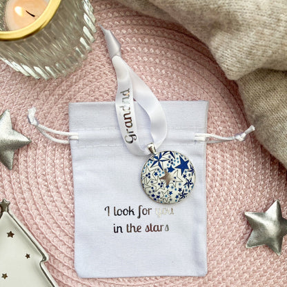 I look for you in the stars Memory keepsake made with blue star ribbon and thread on a ribbon with a gift pouch