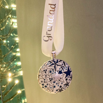 I look for you in the stars Memory keepsake made with blue star ribbon and thread on a ribbon with a gift pouch