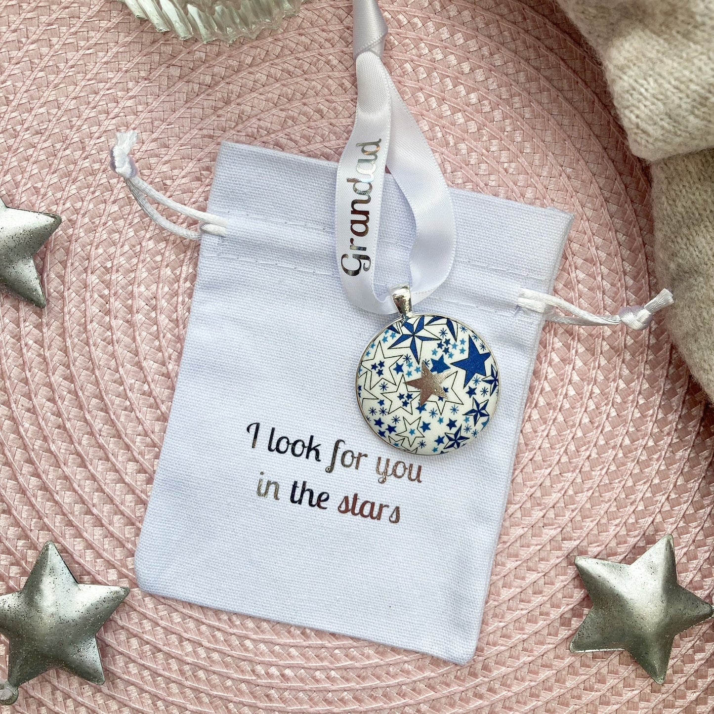 I look for you in the stars Memory keepsake made with blue star ribbon and thread on a ribbon with a gift pouch