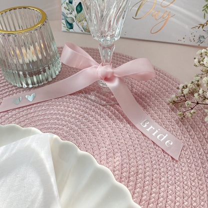 Bride Wedding Ribbon for wedding breakfast place setting in pink