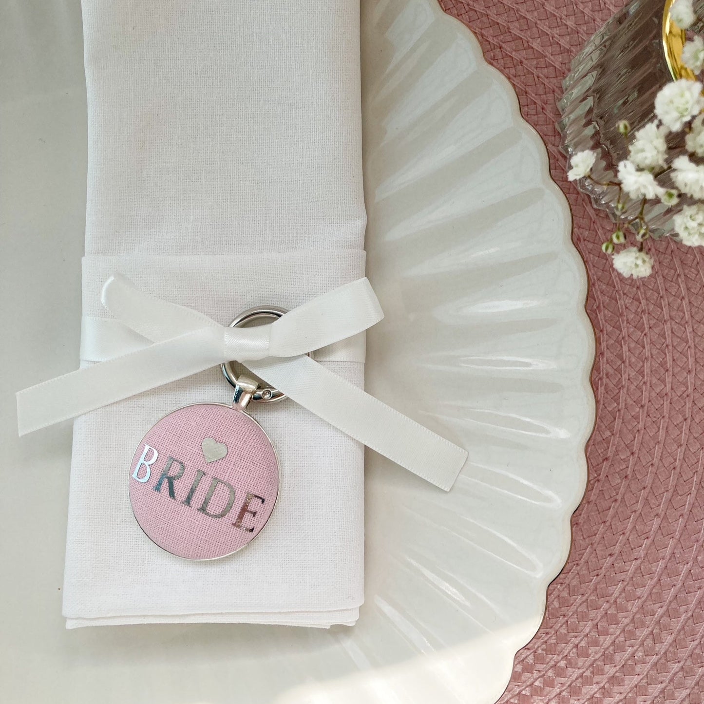 Bride wedding place setting and favour in ink linen fabric