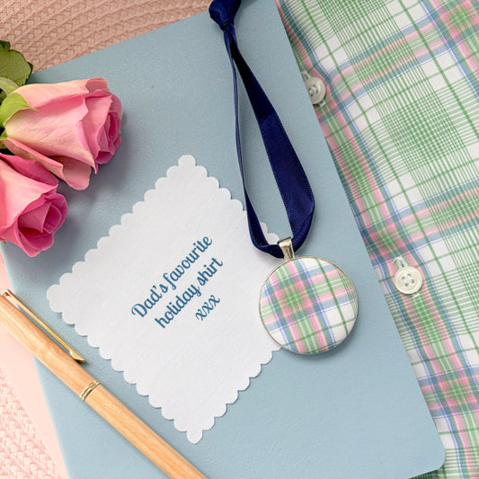 Memory fabric keepsake made with a dads checked shirt on a blue ribbon with a personalised fabric message