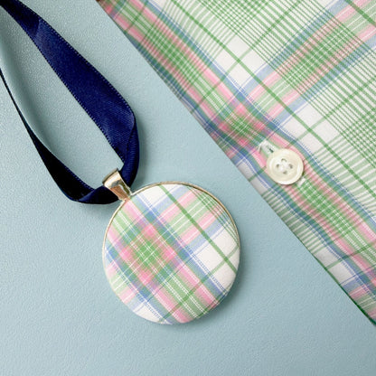 Memory fabric keepsake made with a dads checked shirt on a blue ribbon with a personalised fabric message