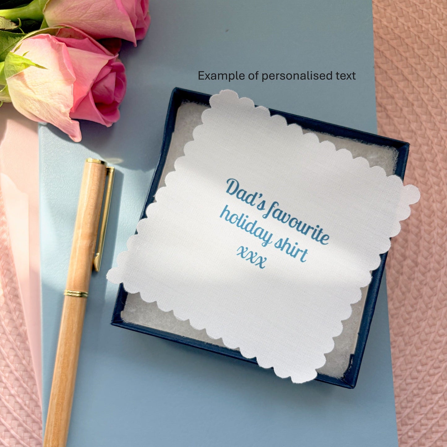 Memory fabric keepsake made with a dads checked shirt on a blue ribbon with a personalised fabric message