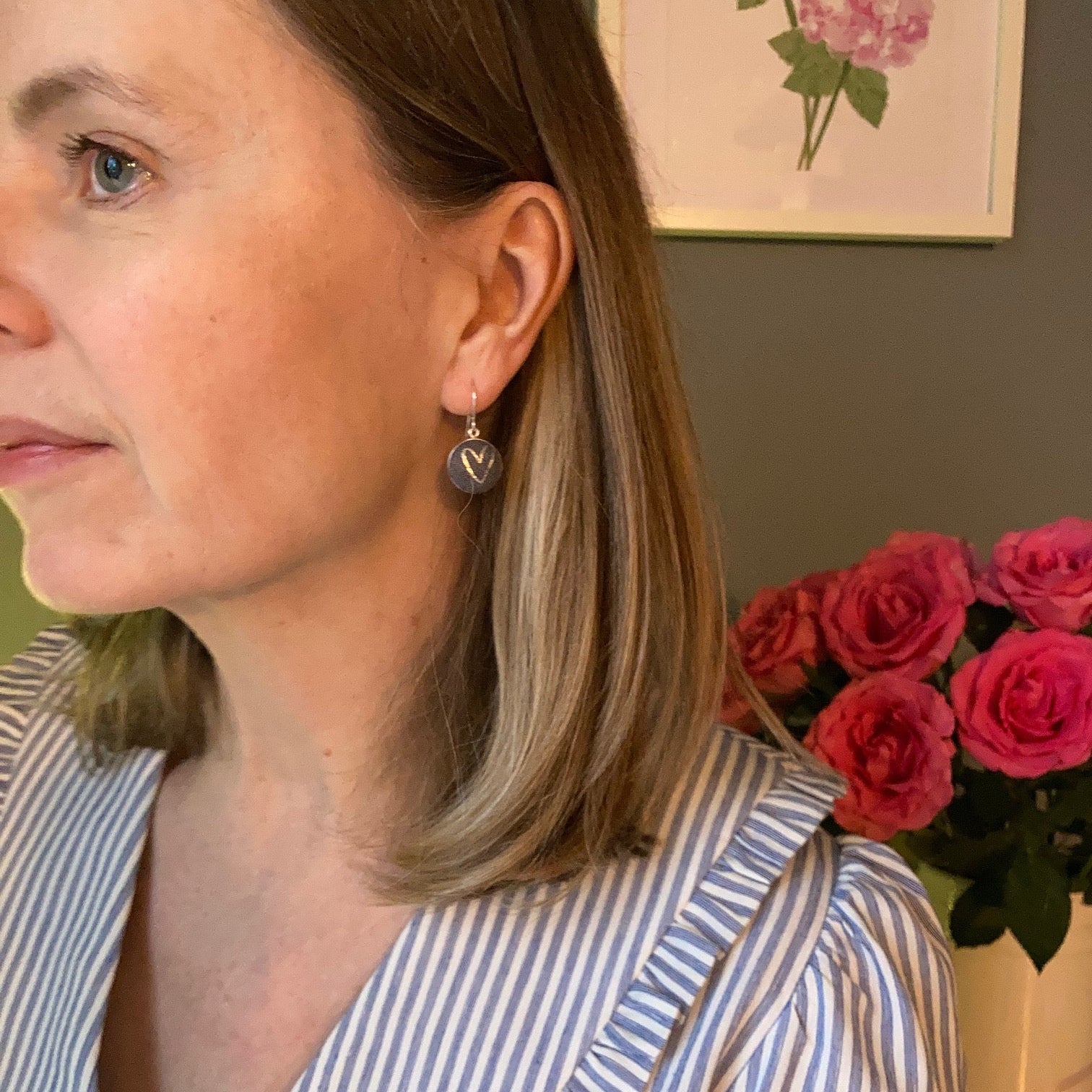 Graphite grey fabric hook earrings with silver heart design