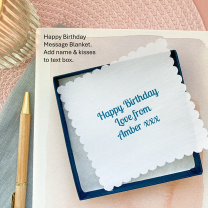 Personalized Happy birthday message blanket with blue text