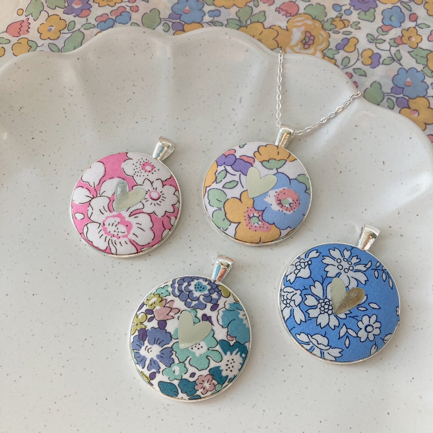 Heart necklaces made with Liberty of London fabrics