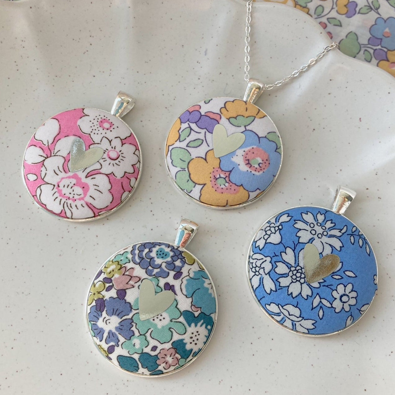 Heart necklaces made with Liberty of London fabrics