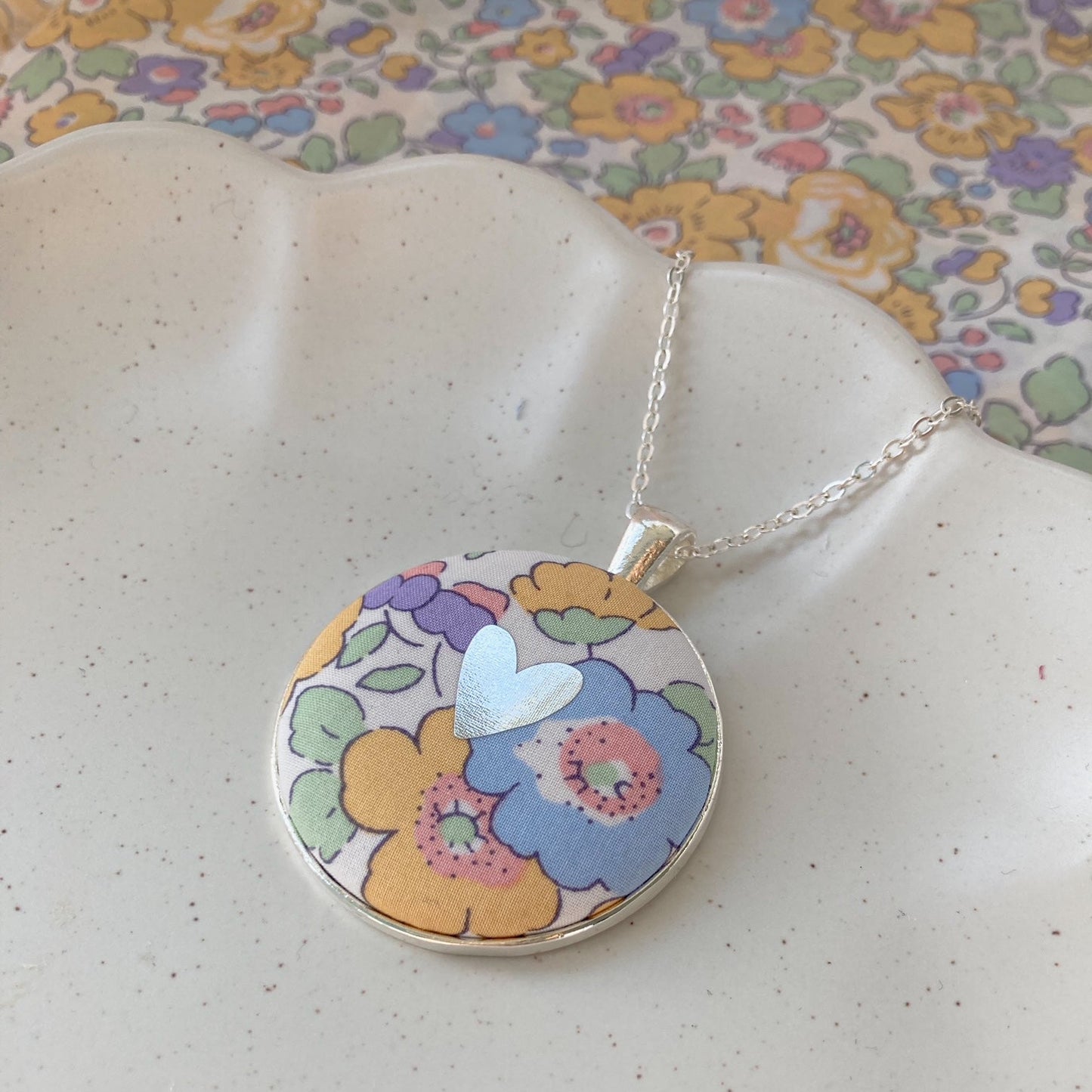 Heart necklace made with Liberty floral fabric