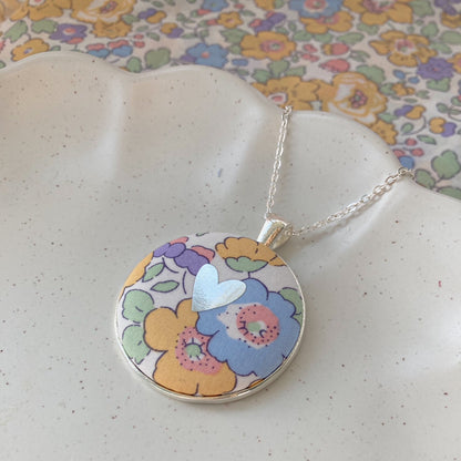 Heart necklace made with Liberty floral fabric