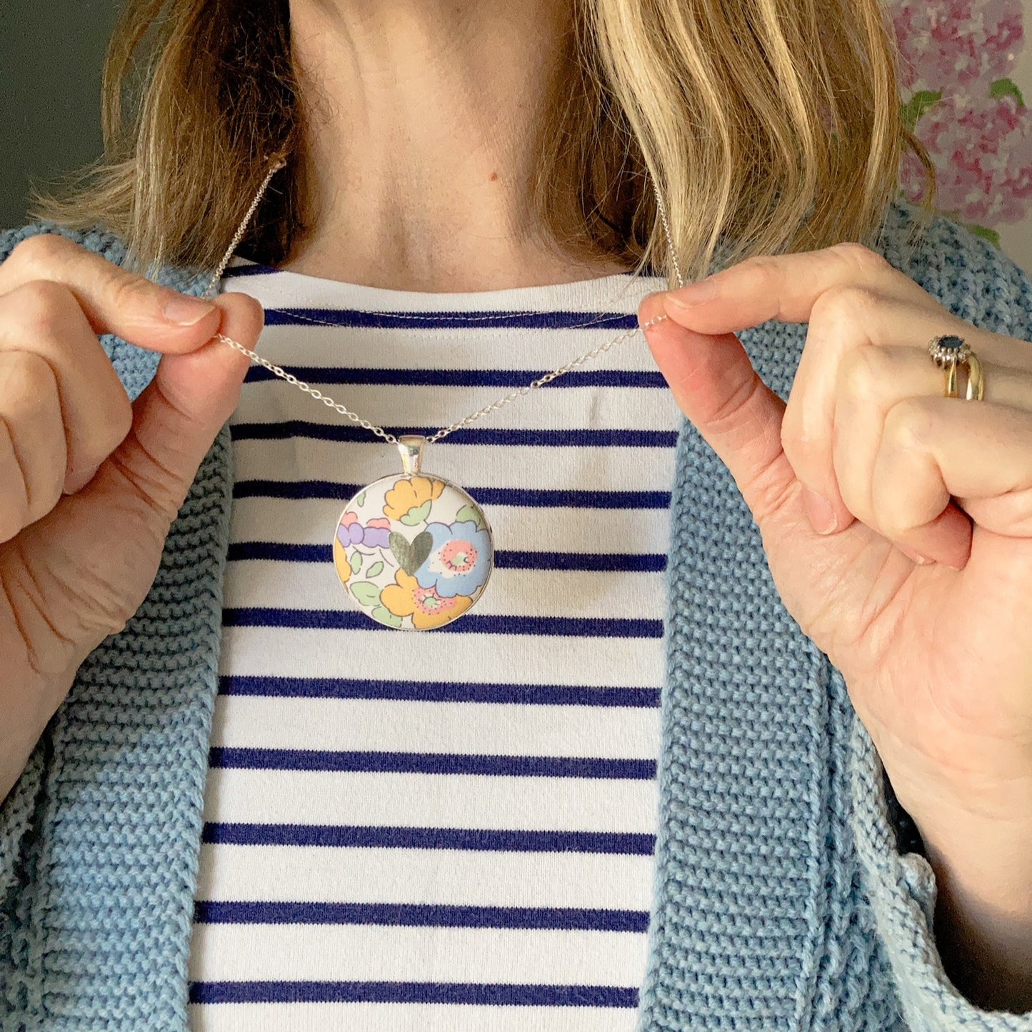 Heart necklace and Liberty fabric work with a stripy top