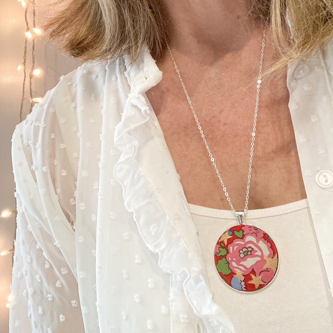 Christmas Necklace - Red Floral with Gold Stars