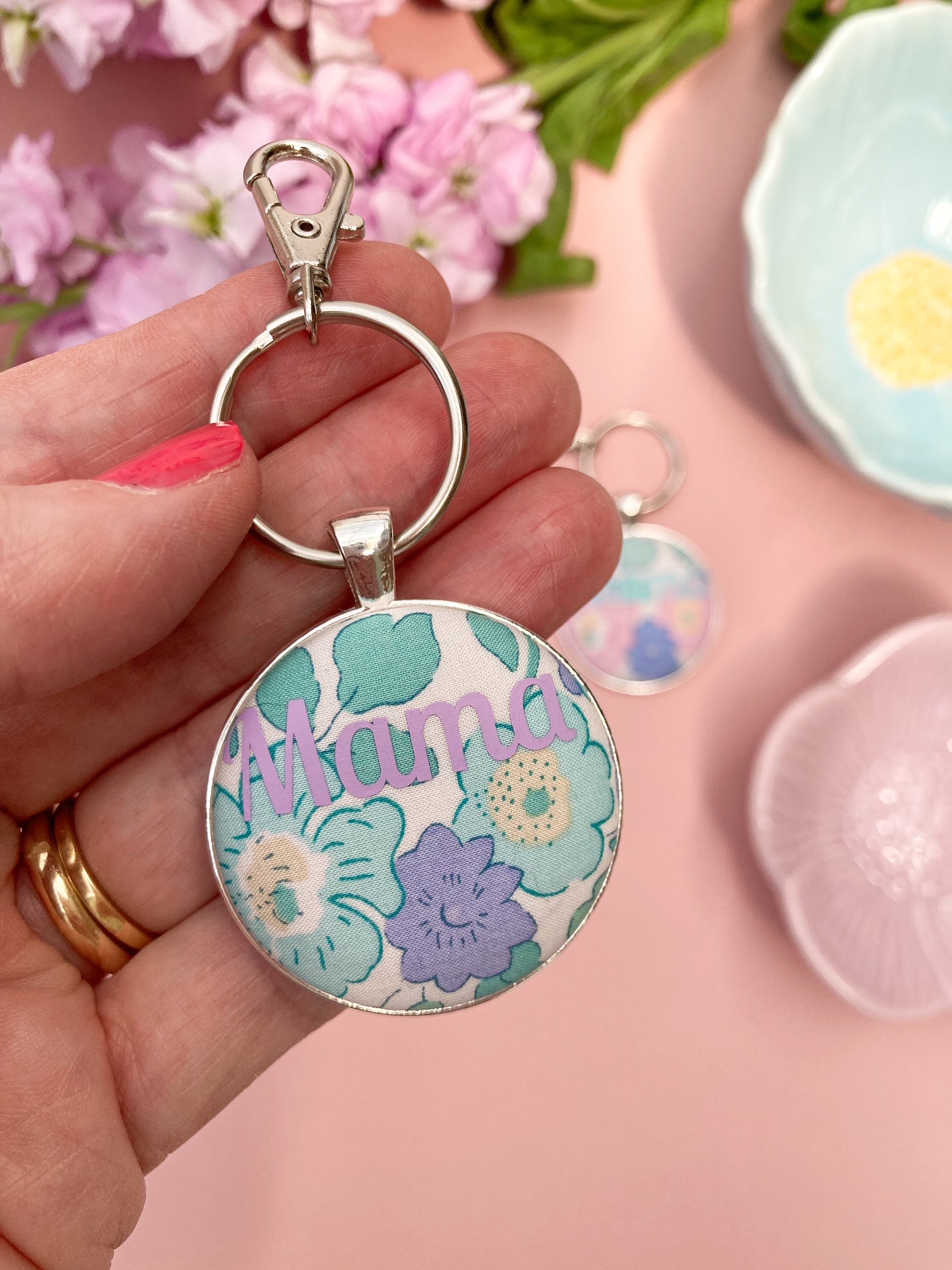 Mama floral keyring in mint green & lilac