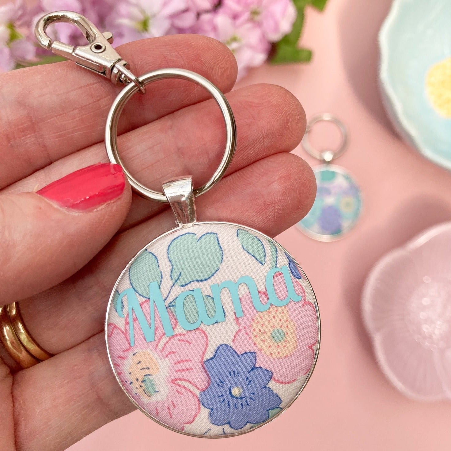 Mama keyring with pink floral Liberty fabric