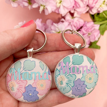 Mama keyrings with Liberty pastel floral fabrics