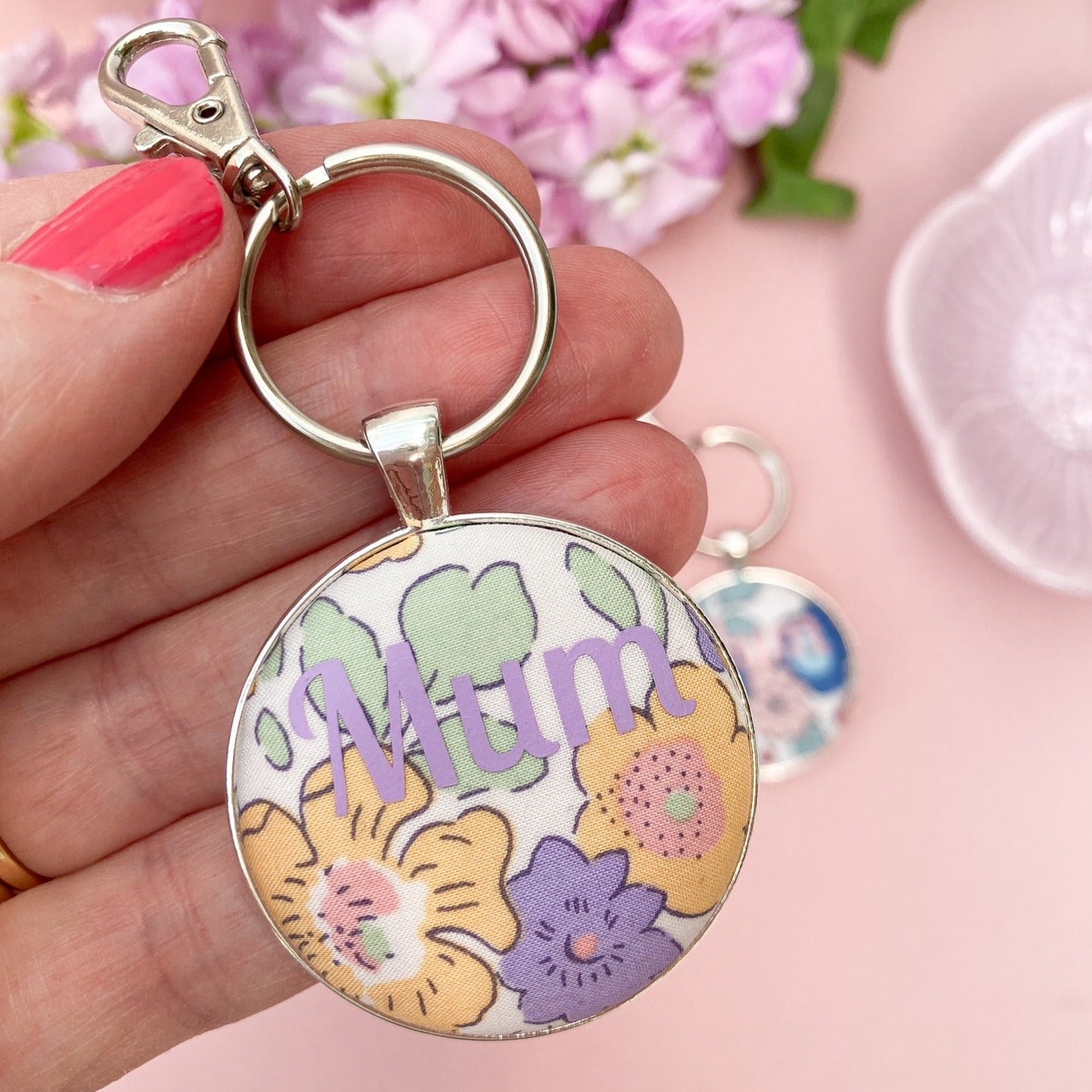 Mum keyring with yellow & lilac Liberty fabrics