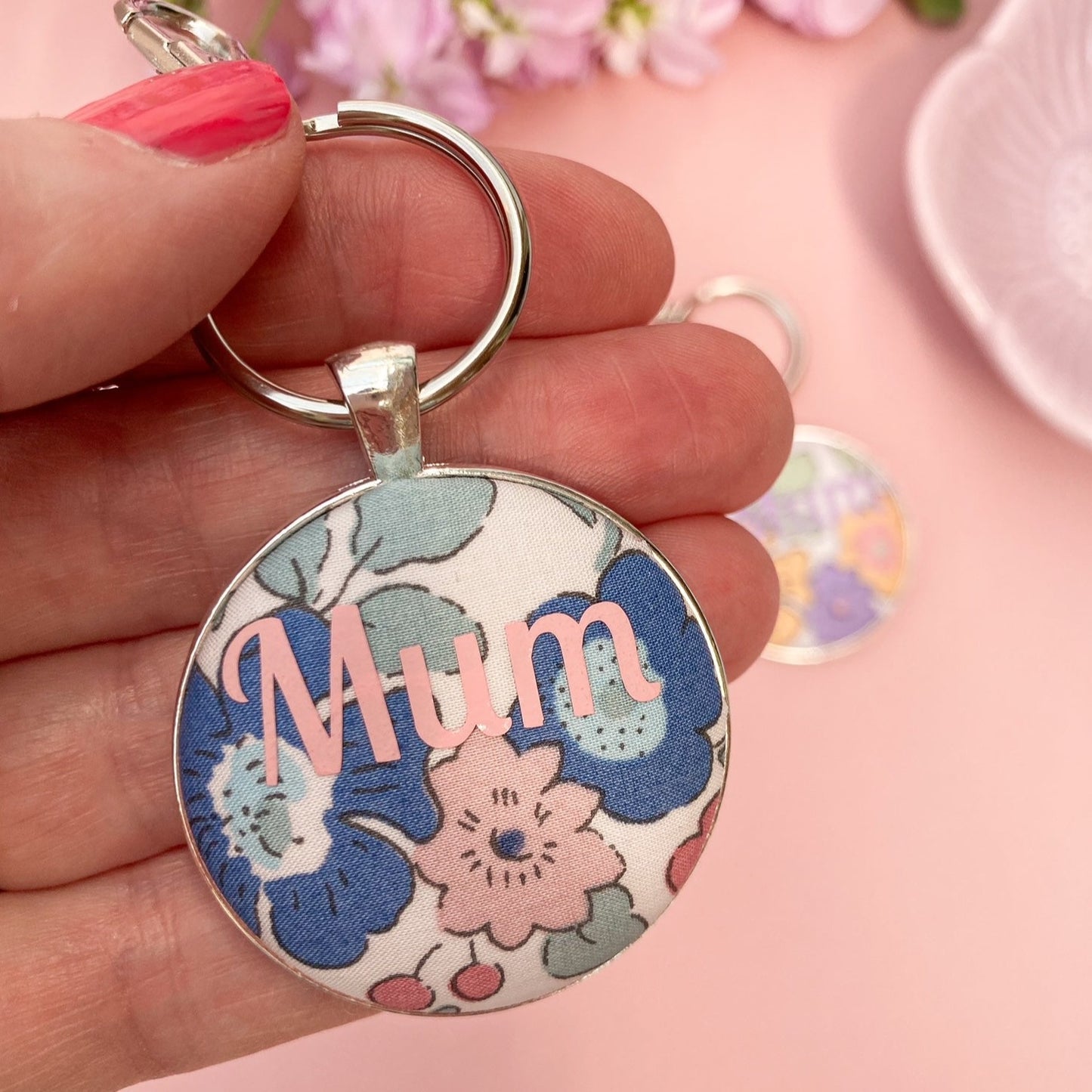 Liberty fabric keyring with Mum printed in pink