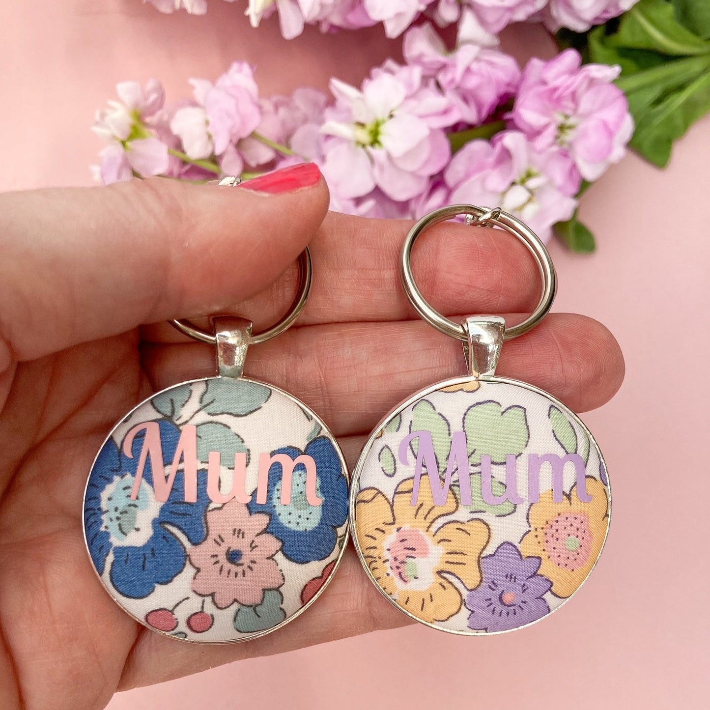 Mum keyrings made with pastel floral Liberty fabrics