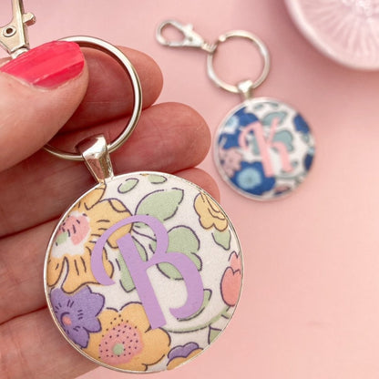 Initial keyring with yellow floral print fabric