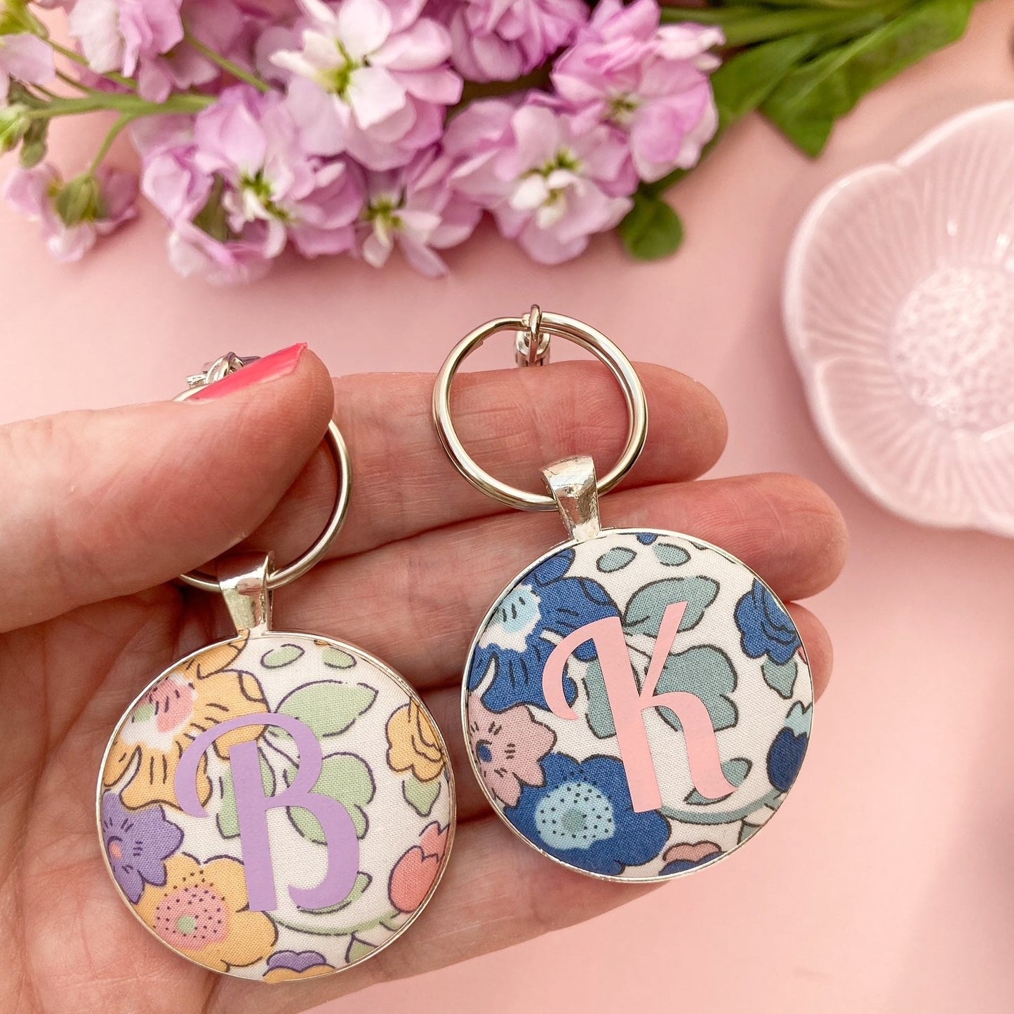 Yellow and blue floral print Liberty keyrings