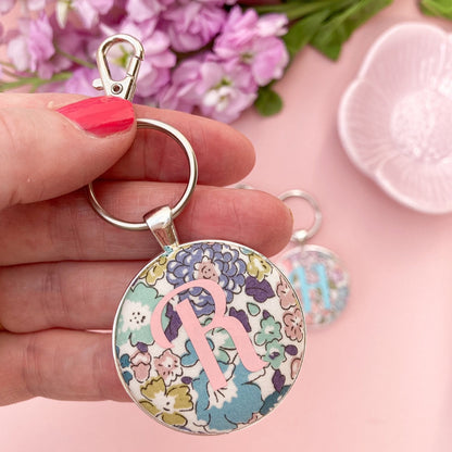 Initial keyring made with Liberty floral fabrics