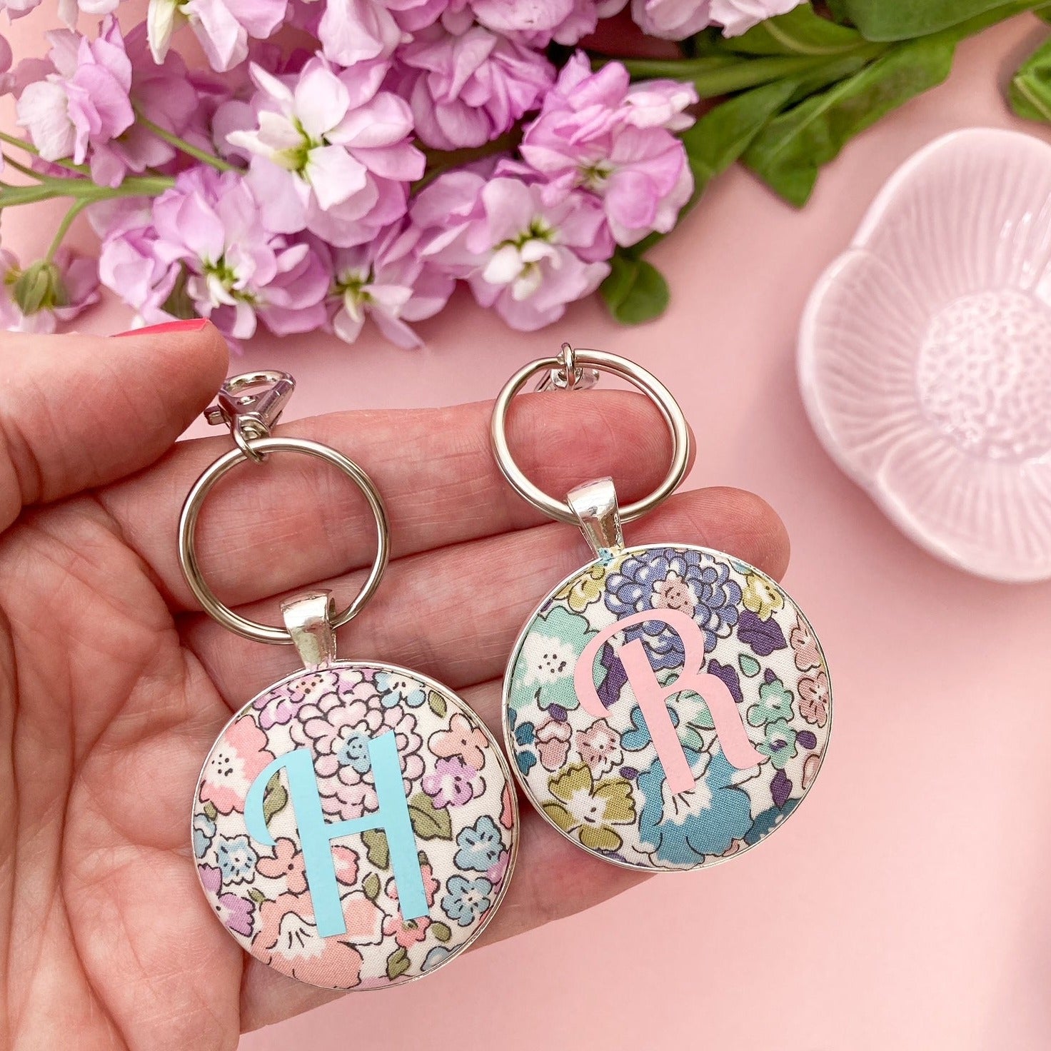 Initial keyrings with pastel floral Liberty fabrics