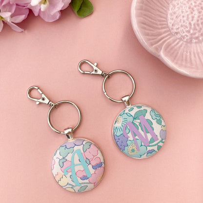 Pink and Mint Initial keyrings with floral fabrics