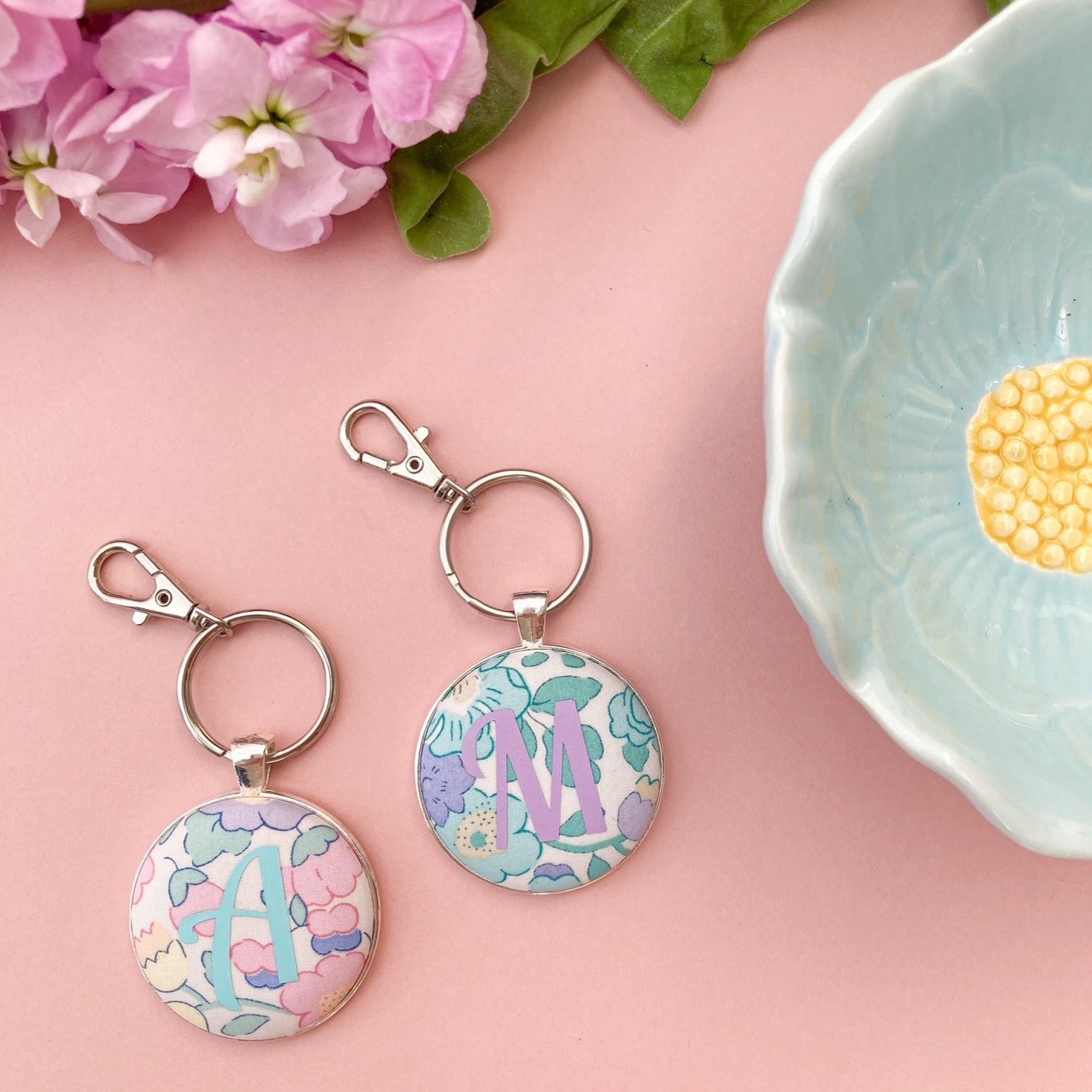 Personalised keyrings made with Liberty floral fabrics