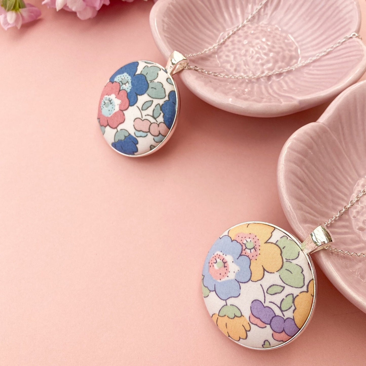 Liberty fabric necklaces in pastel florals