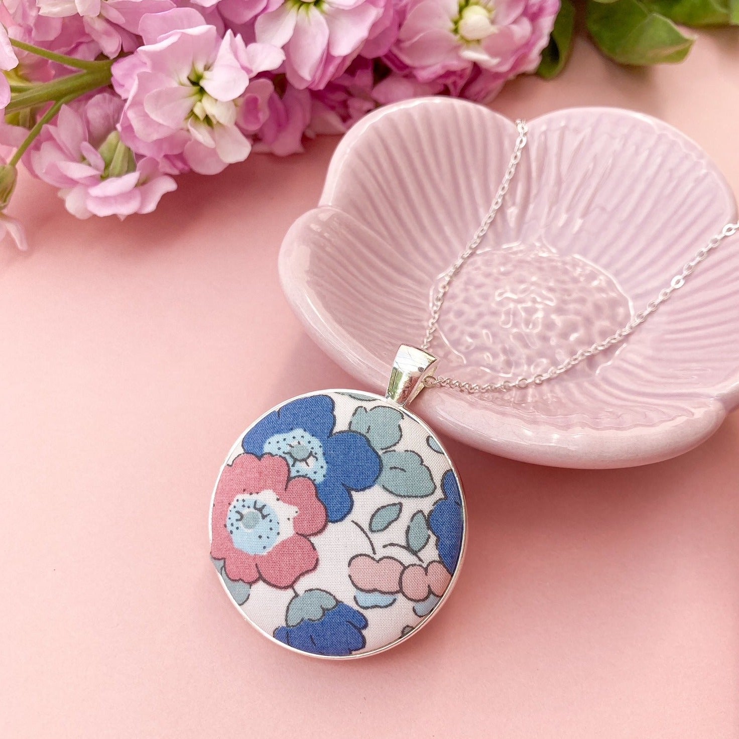 Blue & pink floral fabric necklace