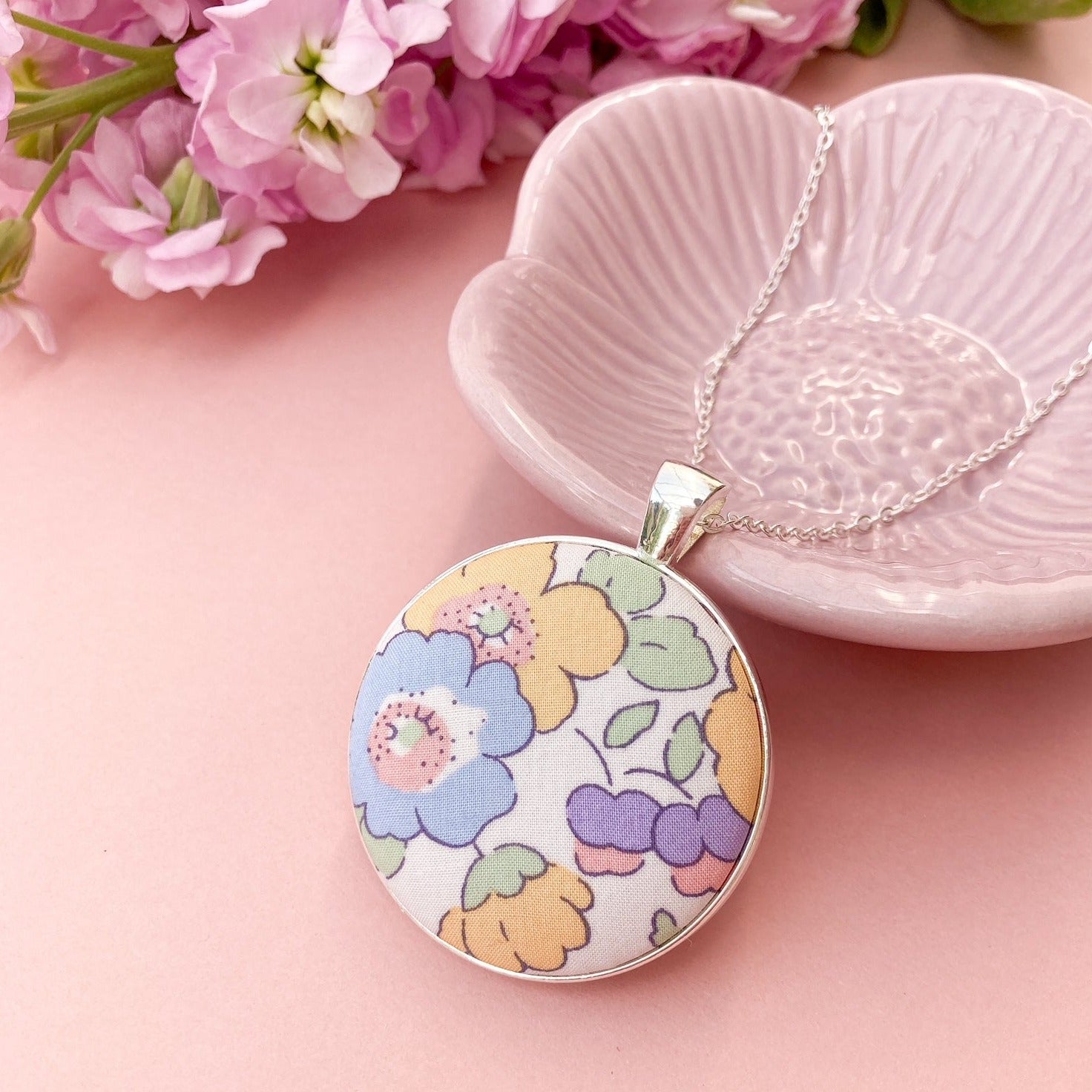 Pretty yellow and lilac Liberty fabric necklace