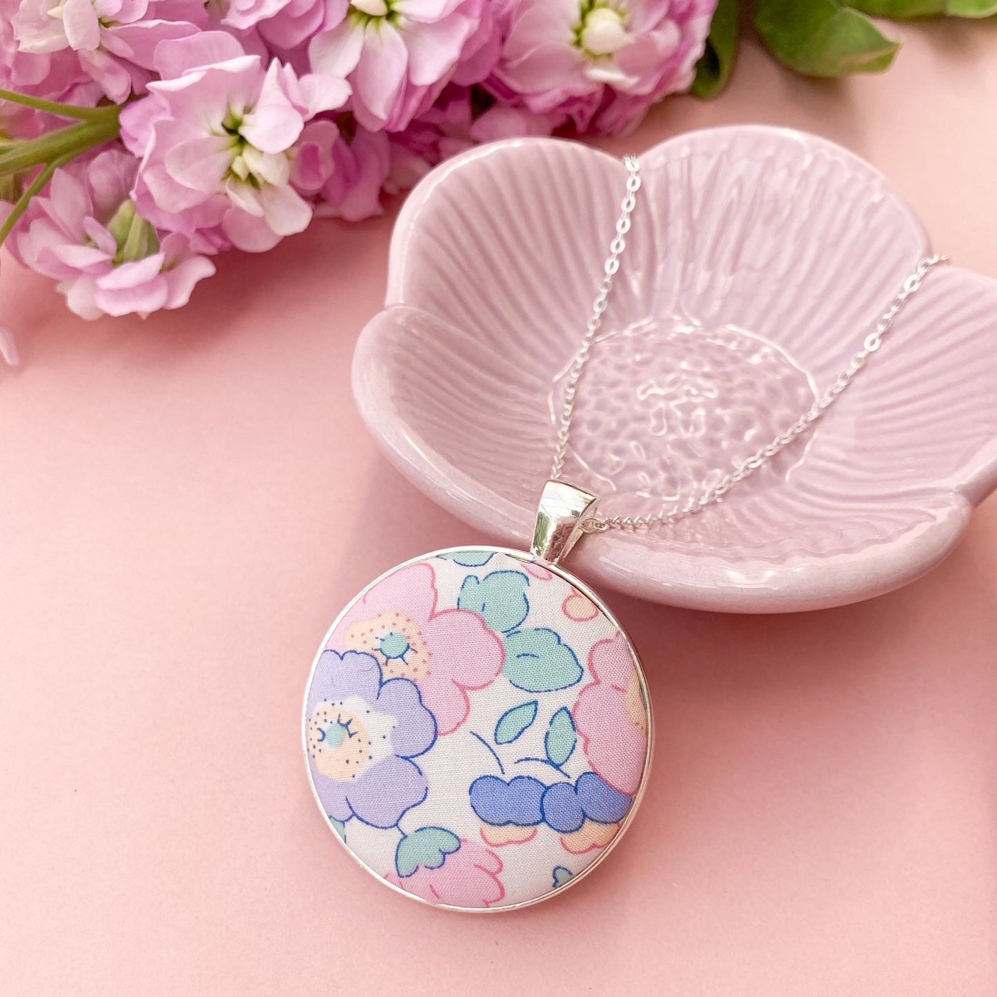 Pink pastel floral print necklaces made with Liberty fabrics