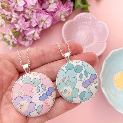 Liberty of London floral fabric necklaces in Mint and Pink