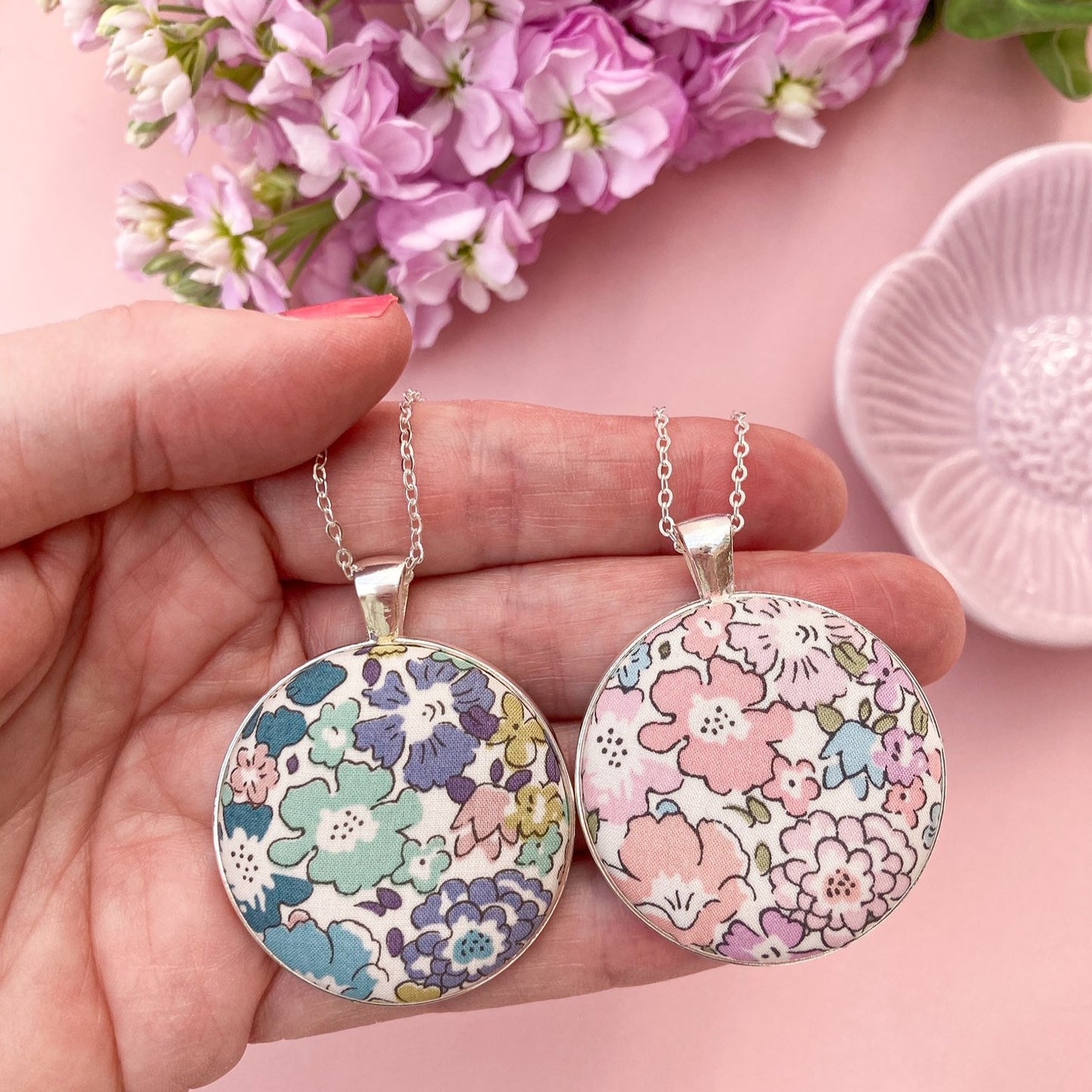 Teal & blue floral and pink floral necklaces made with Liberty fabrics