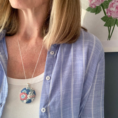 Liberty of London floral fabric necklace in blues and pinks