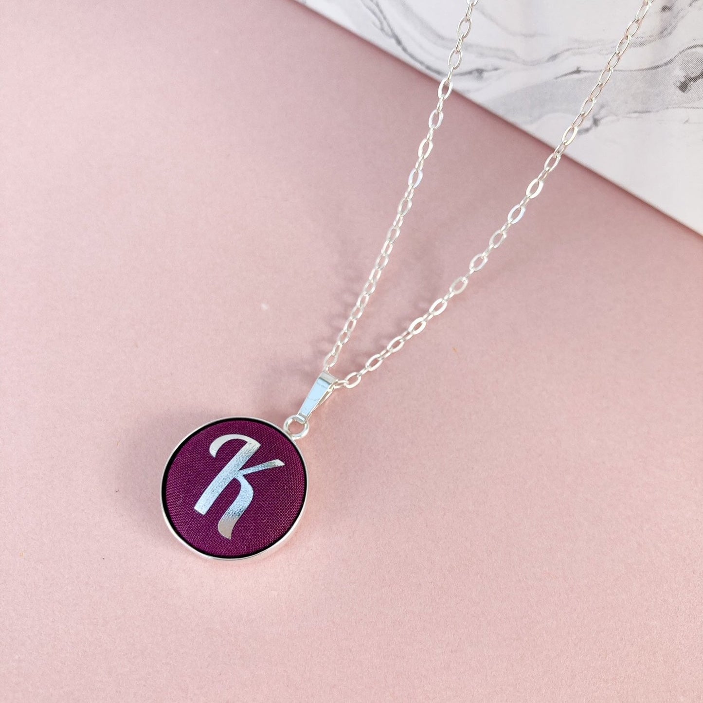 Aubergine fabric necklace with initial