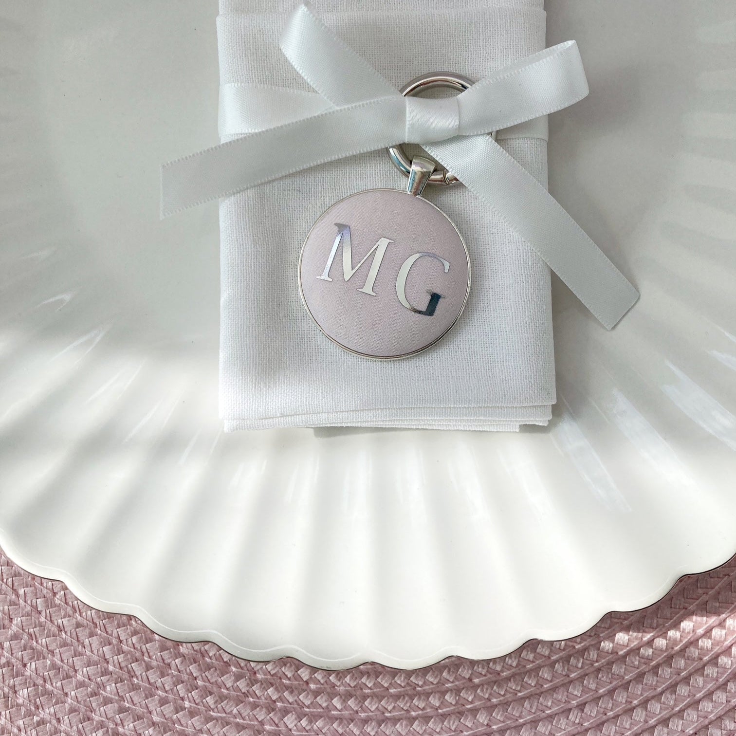 Liberty fabric wedding place setting and napkin ring in white
