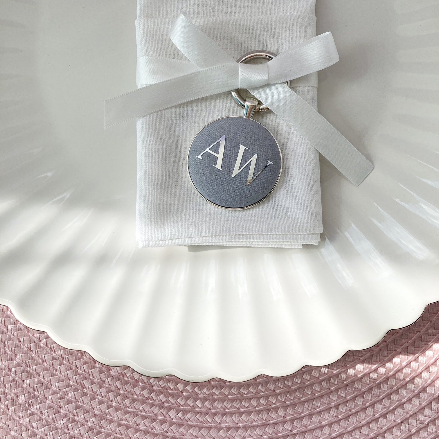 Liberty fabric wedding place setting and favour in light grey