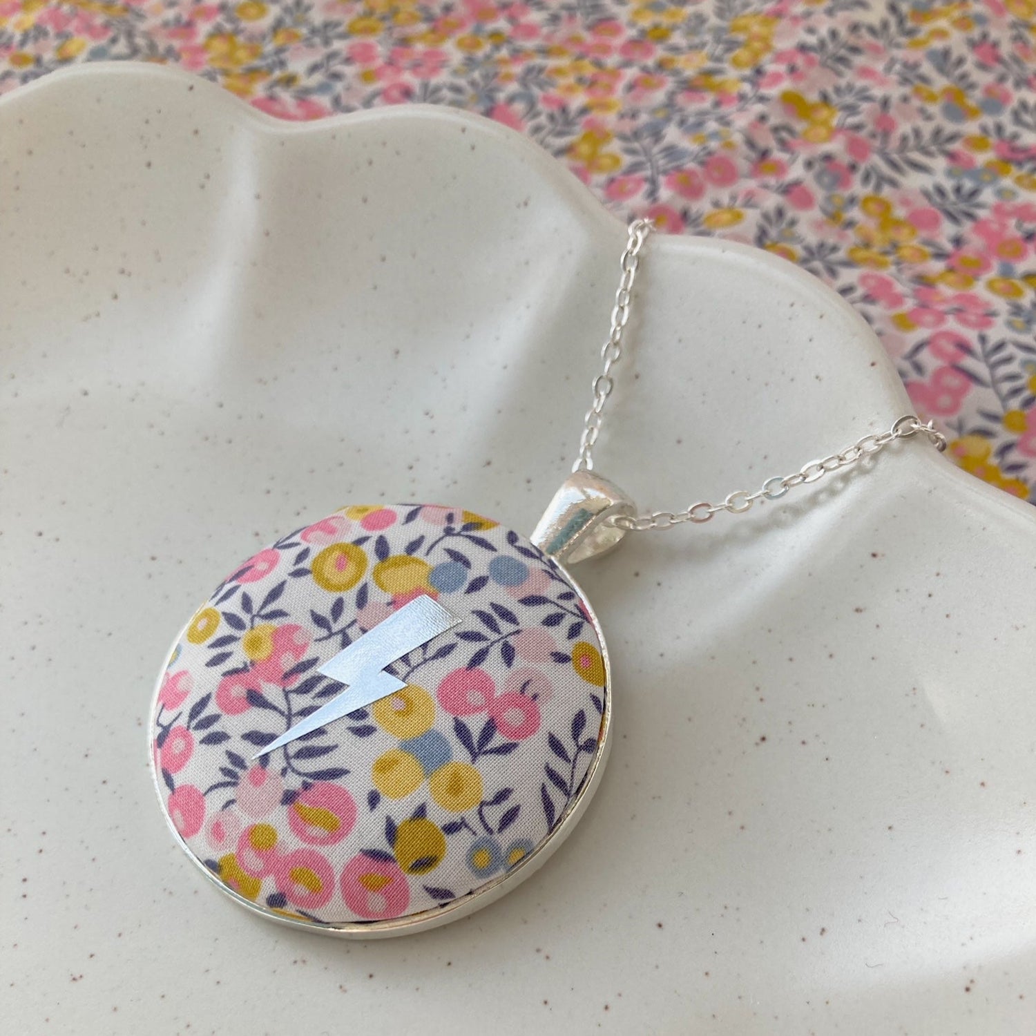 Lightning necklace made with Liberty Wiltshire pink and yellow fabrics