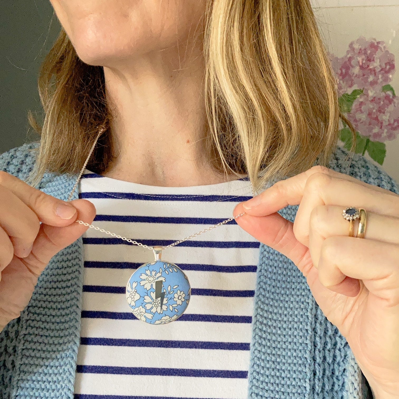 Lightning necklace on blue Liberty Capel fabric worn with a stripy top