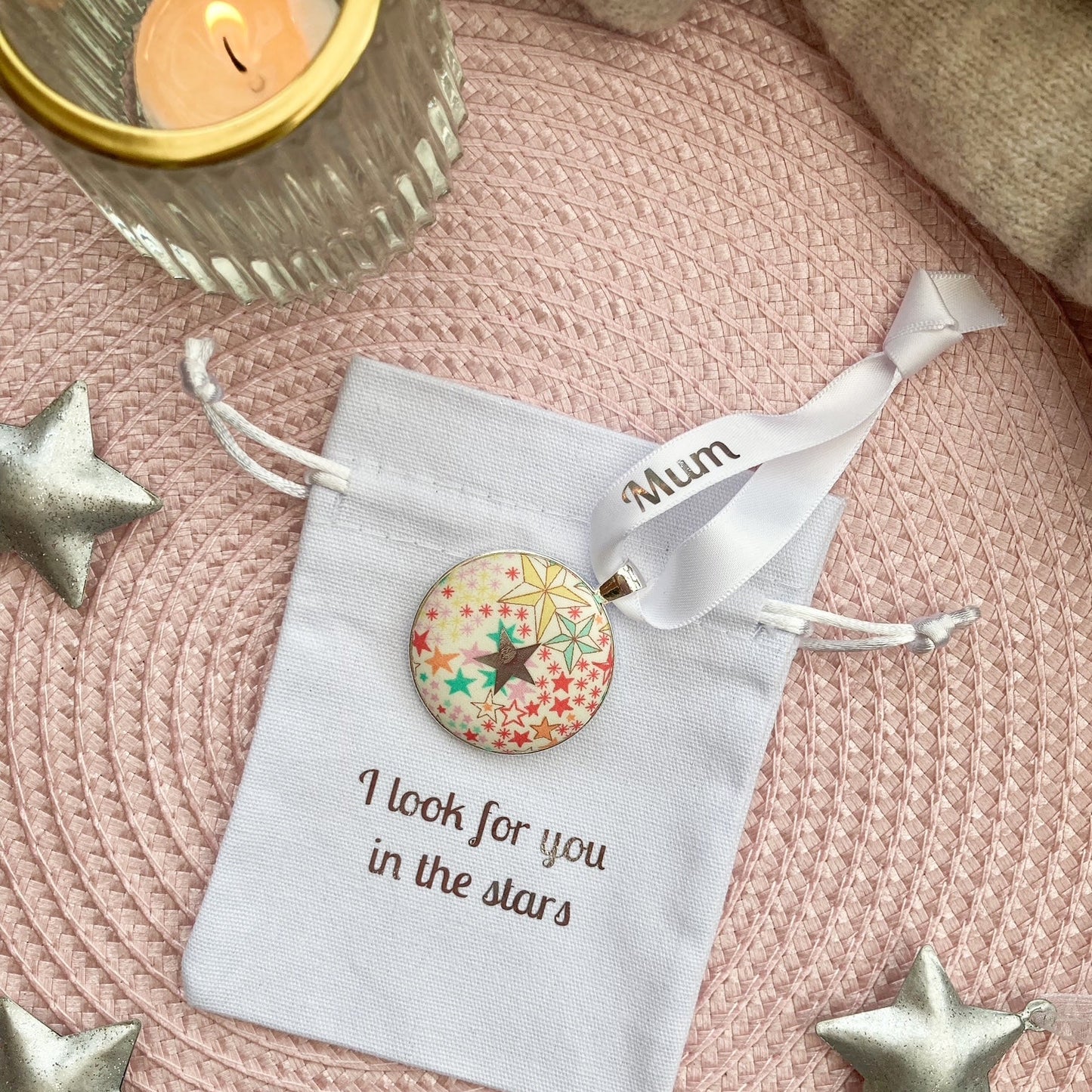 I look for you in the stars christmas memory keepsake with star fabric and personalised ribbon