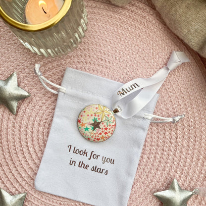 I look for you in the stars christmas memory keepsake with star fabric and personalised ribbon