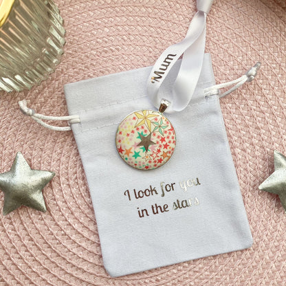 I look for you in the stars christmas memory keepsake with star fabric and personalised ribbon