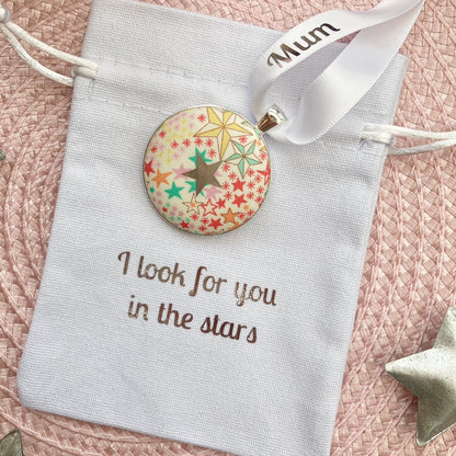 I look for you in the stars christmas memory keepsake with star fabric and personalised ribbon